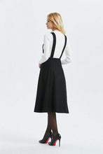 Load image into Gallery viewer, Suspender skirt, black wool skirt-skirt with adjustable straps, midi length skirt-buttons skirt, womens skirts-high waist skirt C1304
