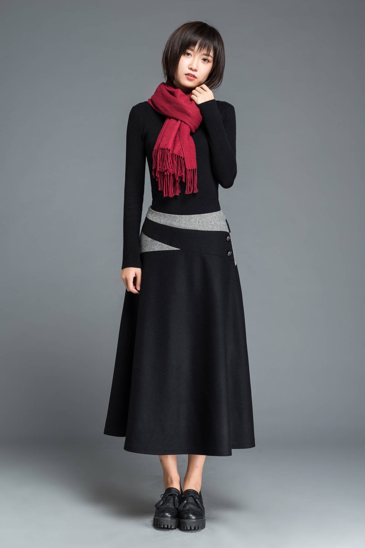 Black wool skirt, winter skirt, A line skirt, patchwork skirt, woman skirt, warm winter skirt, midi skirt, womens skirt, custom skirt C1215