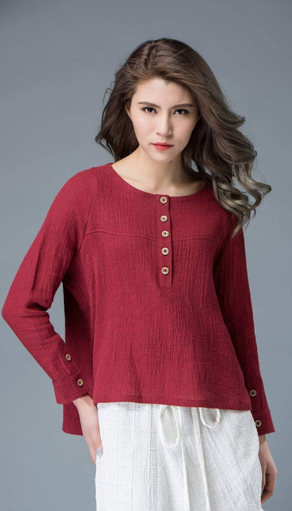 Linen top, womens tops, red linen top, buttons top, mini blouse, handmade blouse, linen blouse, loose shirts, made to order C842
