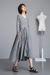 Linen shirt dress for women, asymmetrical linen tunic dress for summer, gray linen dress with pockets, long V neck dress with buttons C1253