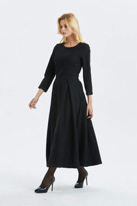 Black wool dress, Long wool dress, winter dress, womens dress, warm dress, handmade dress, black dress, fitted dress, pleated dressC1335