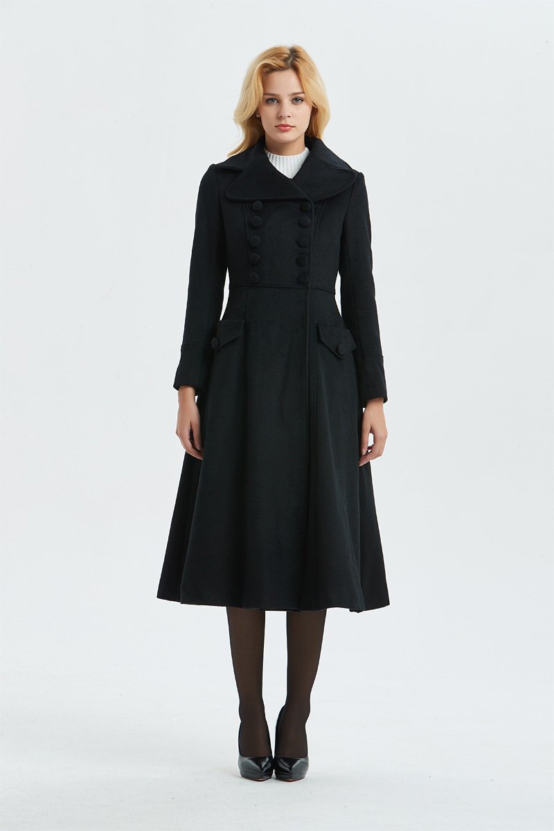 Black Wool Midi Coat - Vintage Double-Breasted Fitted Waist C1302 - Black / M Black Wool Midi Coat - Vintage Double-Breasted Fitted Waist C1302 - Black / M