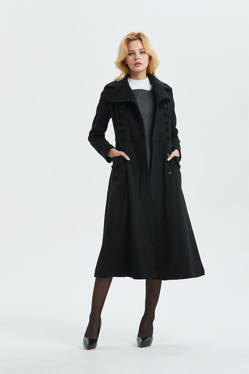 black wool coat, midi length coat for winter-women coat