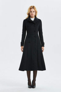 black wool coat, long winter black coat-warm double breasted coat, woo coat for women-coat with pockets- classic black coat for lady C1303
