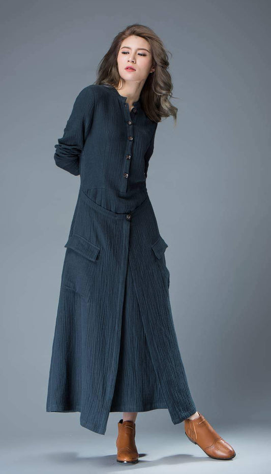 Linen dress, layered dress, long sleeved dress, summer dress, loose dress, Navy linen dress, womens dress, asymmetric dress, maxi dress C802