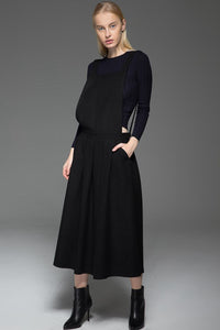 Black Dress, wool dress, Pinafore Wool Modern loose casual  Midi Length Flared Skirt & Braces Straps Dress 2016 Fashion Season C777