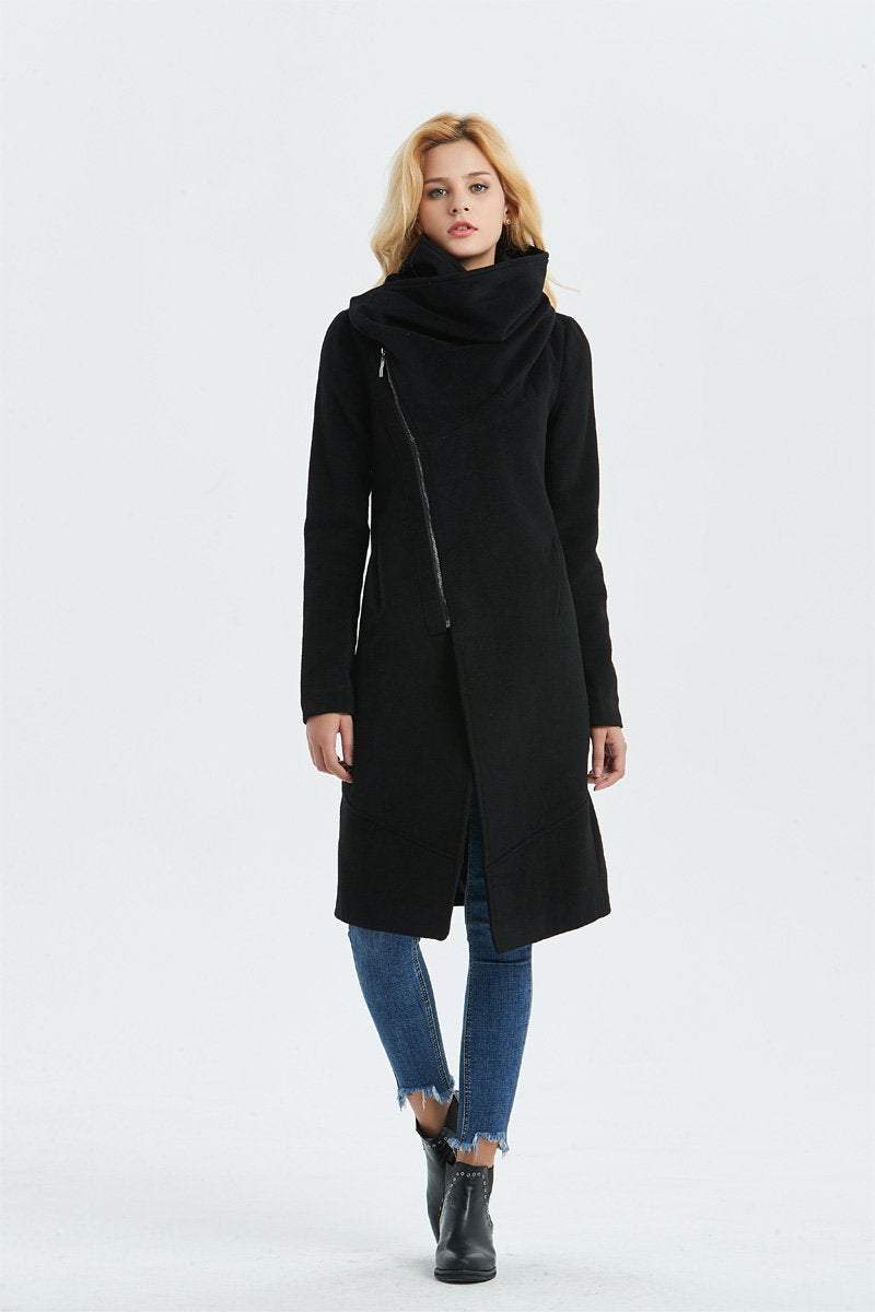 Black Asymmetrical Warm Wool Coat C1327