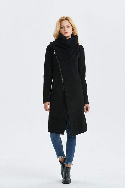 Black Asymmetrical Warm Wool Coat C1327