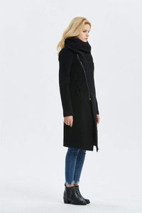 Black Asymmetrical Warm Wool Coat C1327#