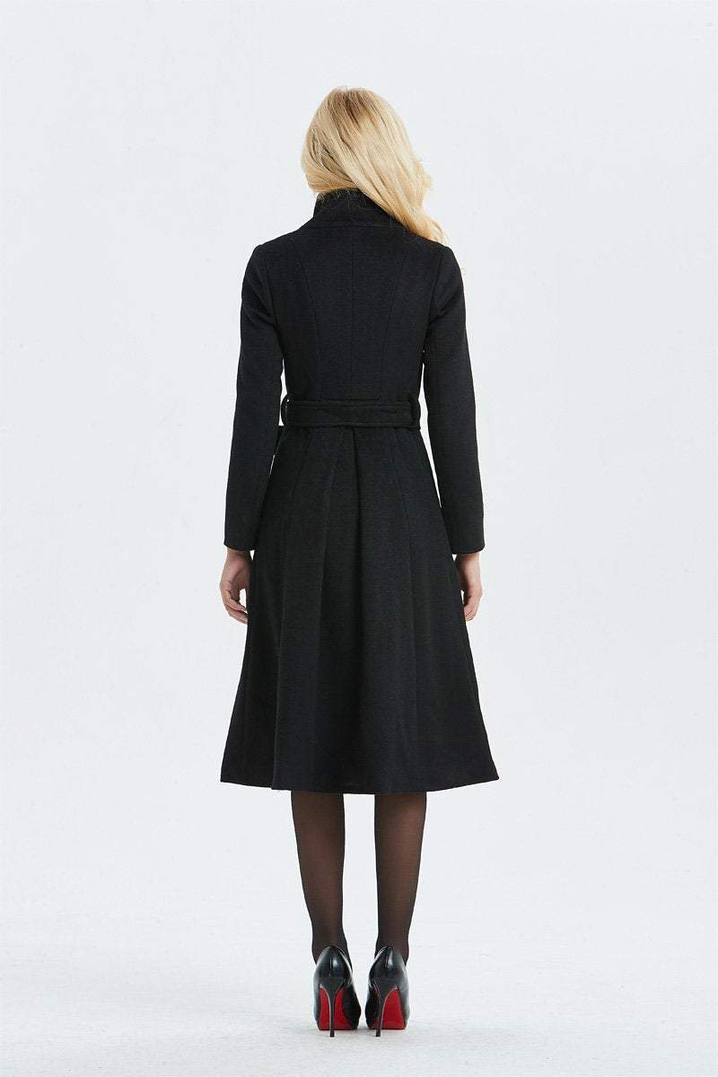 Women Black long Wool Coat C1344#
