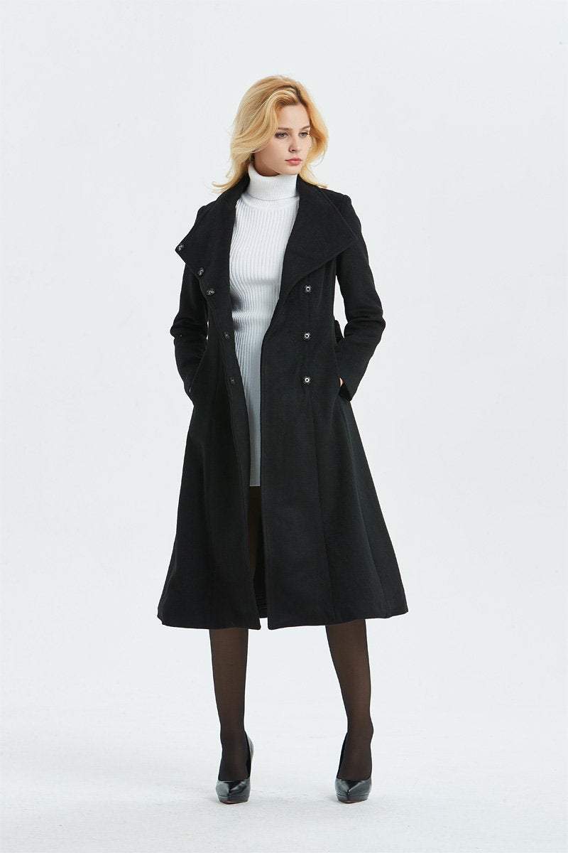 Women Black long Wool Coat C1344#