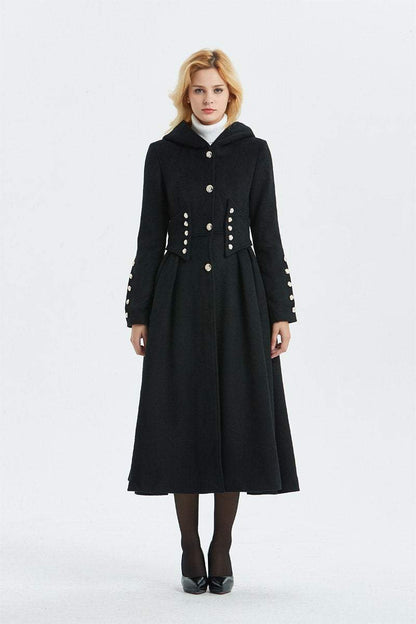 Military coat, black wool coat, long coat, hooded coat, womens coat, long black coat, warm coat, winter outerwear, handmade coat  C1343