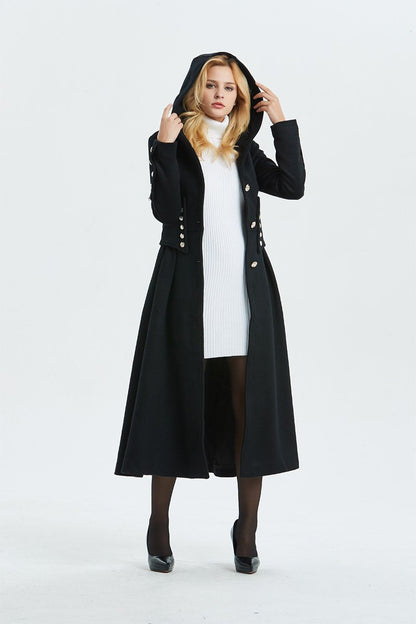 Military coat, black wool coat, long coat, hooded coat, womens coat, long black coat, warm coat, winter outerwear, handmade coat  C1343