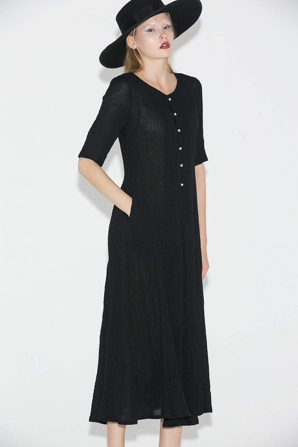 Black Linen Dress - Elegant Long Shirt-Style Loose-Fitted Comfortable Everyday Handmade Dress with Half Sleeves C689