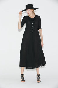 Black Linen Dress - Elegant Long Shirt-Style Loose-Fitted Comfortable Everyday Handmade Dress with Half Sleeves C689