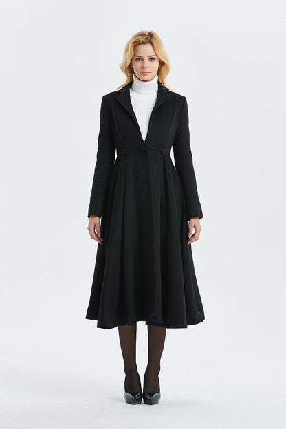 Long wool coat, black wool coat, fit and flare coat, cute coat, winter coat, womens coat, elegant coat, warm coat, custom coat C1338