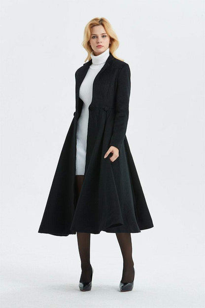 Long wool coat, black wool coat, fit and flare coat, cute coat, winter coat, womens coat, elegant coat, warm coat, custom coat C1338