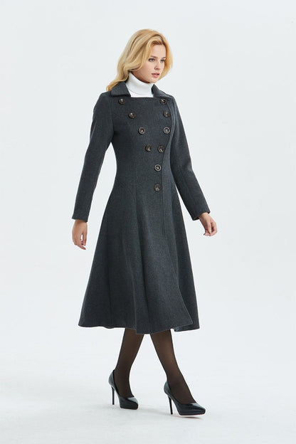 Gray wool coat, long coat, vintage coat, fit and flare coat, winter coat, womens coat, midi coat, warm coat, long wool coat C1339