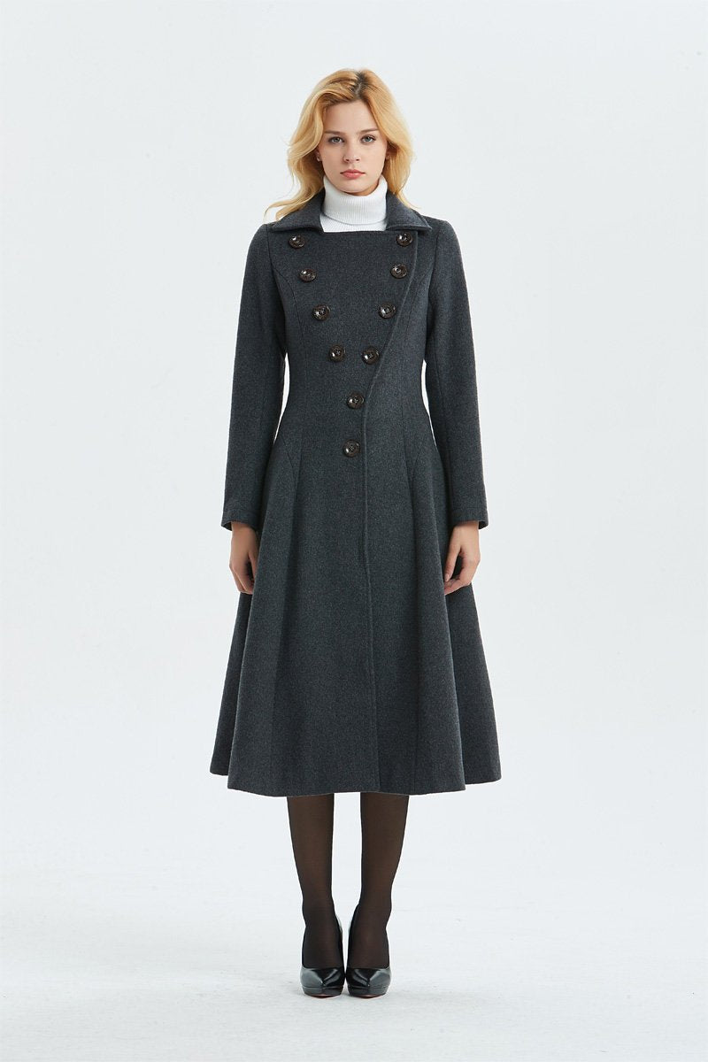 Gray wool coat, long coat, vintage coat, fit and flare coat, winter coat, womens coat, midi coat, warm coat, long wool coat C1339