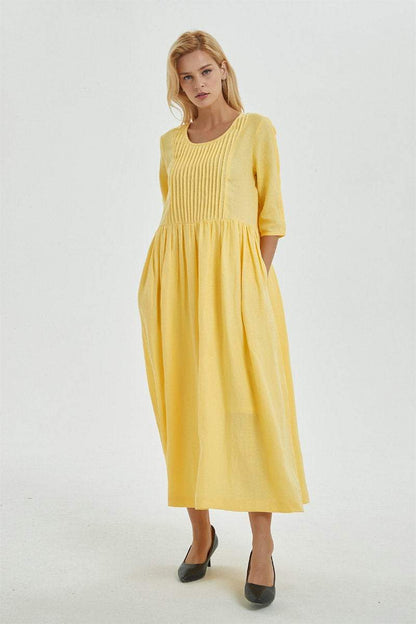 Yellow linen dress, linen dress, maxi dress, causal dress, pleated dress, Long linen dress, women dress, causal dress, pleated dress C1271