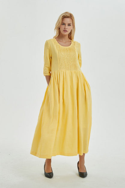 Yellow linen dress, linen dress, maxi dress, causal dress, pleated dress, Long linen dress, women dress, causal dress, pleated dress C1271