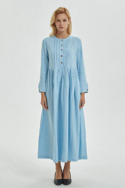 blue pleated dress, blue linen dress with pockets & buttons, long sleeve dress with pleated - Long linen shirt dress for women C1273