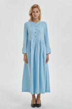 Load image into Gallery viewer, blue pleated dress, blue linen dress with pockets &amp; buttons, long sleeve dress with pleated - Long linen shirt dress for women C1273
