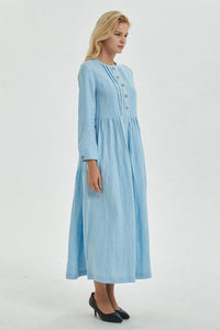 blue pleated dress, blue linen dress with pockets & buttons, long sleeve dress with pleated - Long linen shirt dress for women C1273