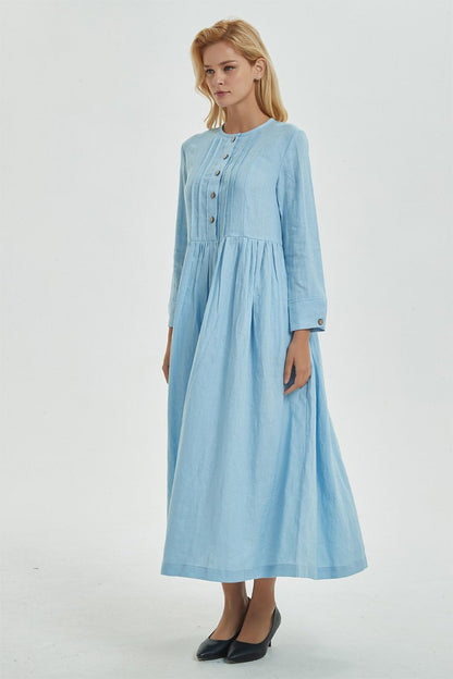 blue pleated dress, blue linen dress with pockets & buttons, long sleeve dress with pleated - Long linen shirt dress for women C1273