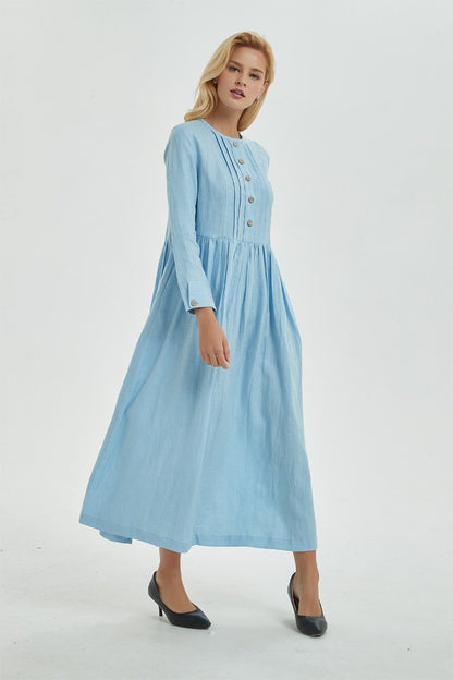 blue pleated dress, blue linen dress with pockets & buttons, long sleeve dress with pleated - Long linen shirt dress for women C1273