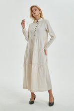 Load image into Gallery viewer, Beige linen dress with pockets, long dress with classic shirt collar &amp; long sleeves, loose and casual dress, maxi retro dress for her C1274
