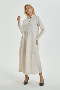 Beige linen dress with pockets, long dress with classic shirt collar & long sleeves, loose and casual dress, maxi retro dress for her C1274