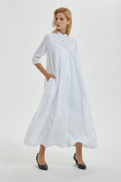 Linen dress, white linen dress, dress for women, maxi linen dress with pockets & buttons, oversized linen dress, linen causal dress C1272