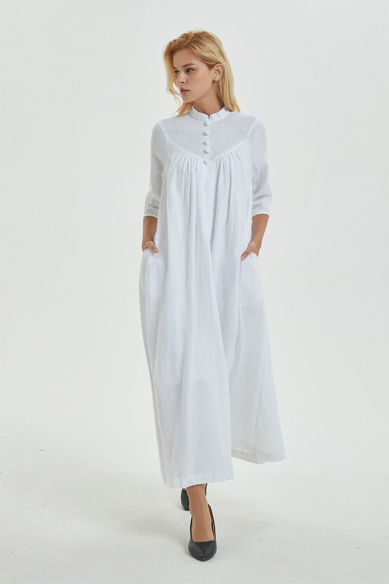 Linen dress, white linen dress, dress for women, maxi linen dress with pockets & buttons, oversized linen dress, linen causal dress C1272