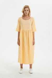 Yellow linen dress, midi womens dress for summer - dress for women, plus size linen dress with pockets, loose & casual pleated dress C1279