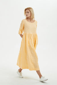Yellow linen dress, midi womens dress for summer - dress for women, plus size linen dress with pockets, loose & casual pleated dress C1279