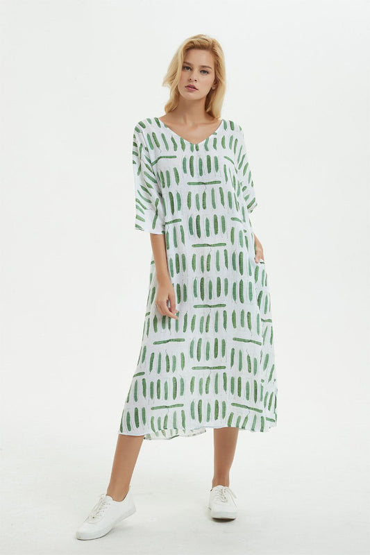 Green print dress, midi dress for women-summer cotton dress with pockets, loose linen dress for summer&long cotton dress C1280