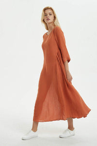 orange dress for summer -  women dress with pockets- loose & casual dress, midi sleeve dress - maxi linen dress, gift for her C1276