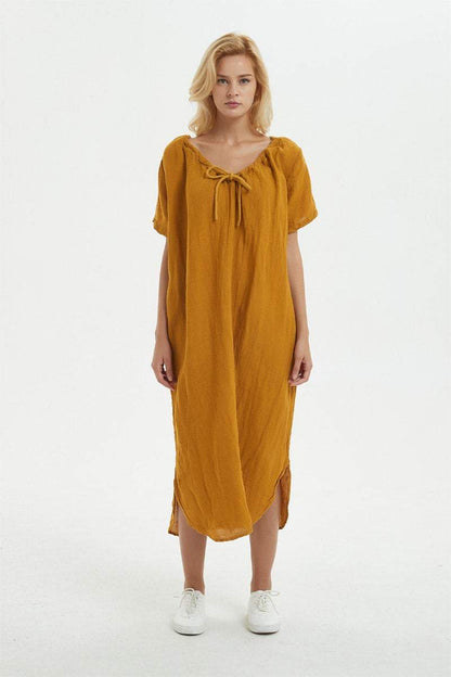 yellow Linen dress, long asymmetrical dress for women - loose and casual dress, custom plus size dress, fashion linen dress for her C1277