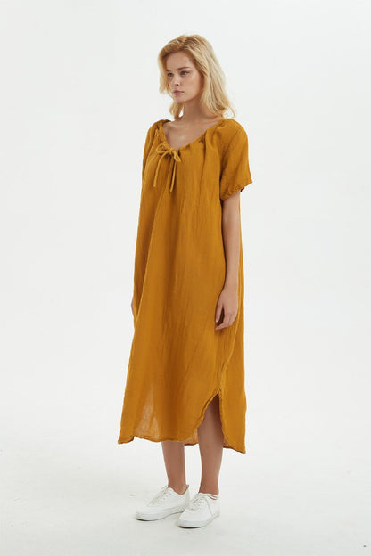 yellow Linen dress, long asymmetrical dress for women - loose and casual dress, custom plus size dress, fashion linen dress for her C1277