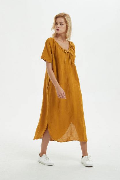 yellow Linen dress, long asymmetrical dress for women - loose and casual dress, custom plus size dress, fashion linen dress for her C1277