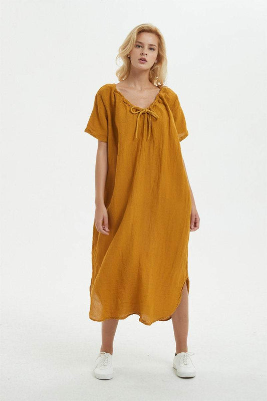 yellow Linen dress, long asymmetrical dress for women - loose and casual dress, custom plus size dress, fashion linen dress for her C1277