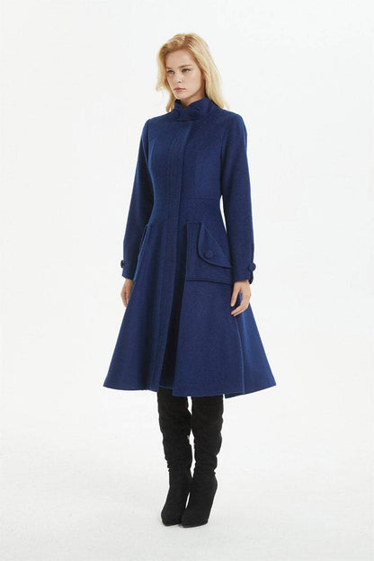 Blue coat, warm wool coat for winter, womens wool coat with pockets - custom midi fitted coat, elegant wool coat - best gift for her C1282