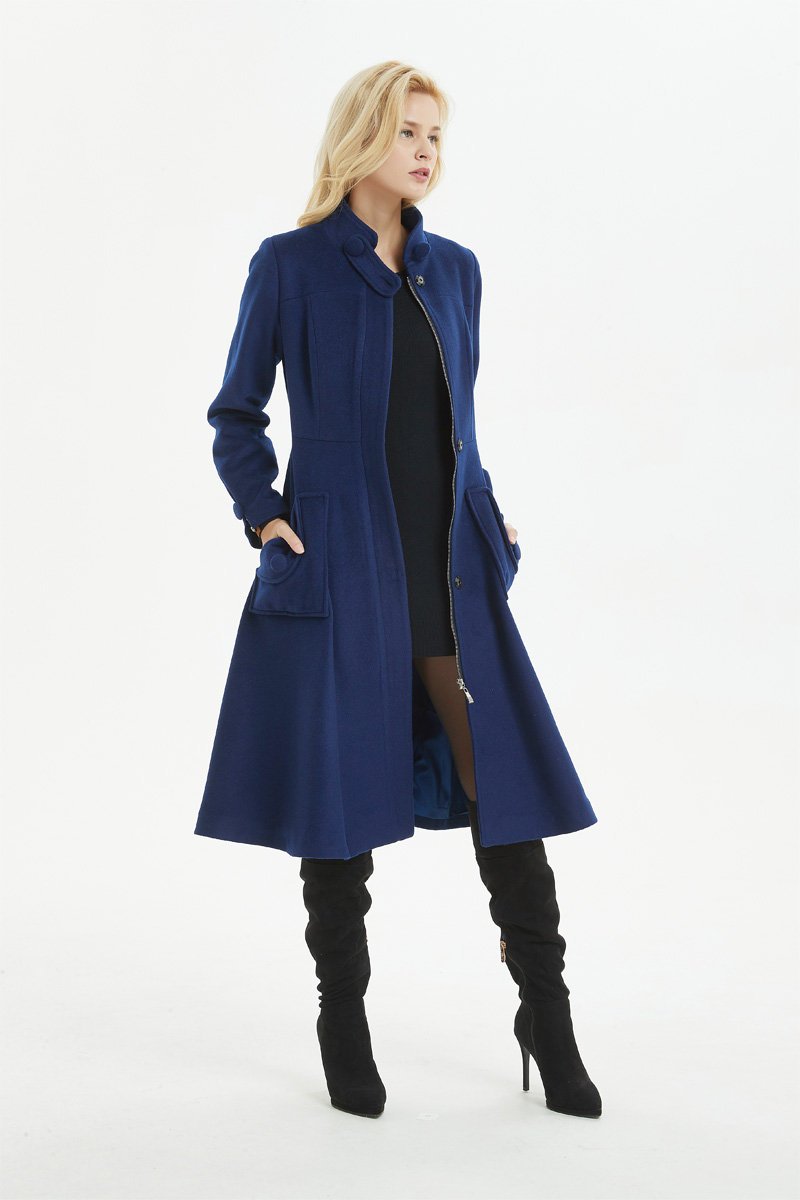 Blue coat, warm wool coat for winter, womens wool coat with pockets - custom midi fitted coat, elegant wool coat - best gift for her C1282