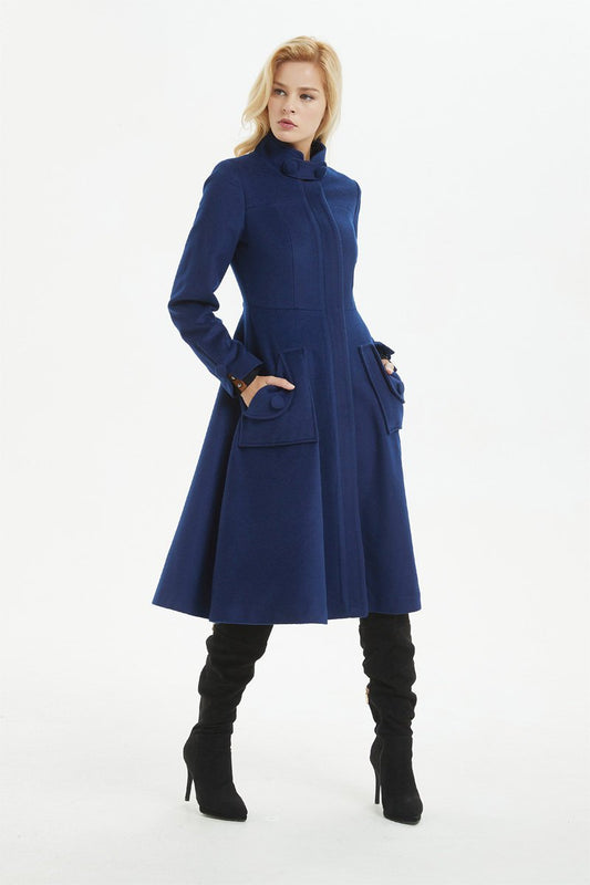 Blue coat, warm wool coat for winter, womens wool coat with pockets - custom midi fitted coat, elegant wool coat - best gift for her C1282