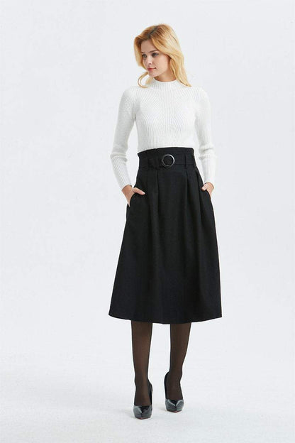 black wool skirt, high waist & midi skirt, pretty womens skirt - winter skirt with pockets, pleated skirt with belt - A line skirt  C1297