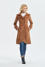 Load image into Gallery viewer, brown wool coat, casual coat, warm coat, asymmetrical coat, midi coat, womens hooded coat, winter coat, vintage coat, coat with pocket C1321

