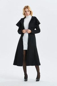 black wool coat, long black coat, warm coat, winter coat, womens black coat, hooded coat, coat with pockets, custom coat, vintage coat C1342