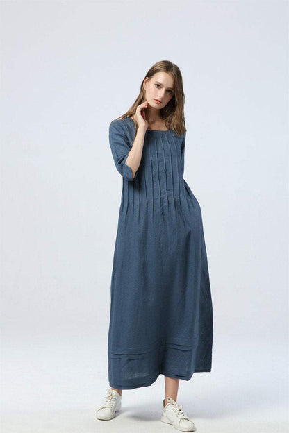 blue pleated dress, long linen dress with pockets, loose&casual dress - women dress - elbow sleeve dress, custom dress for women  C1283