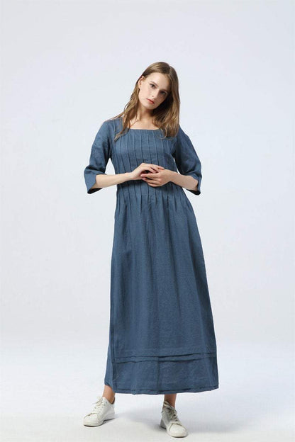 blue pleated dress, long linen dress with pockets, loose&casual dress - women dress - elbow sleeve dress, custom dress for women  C1283